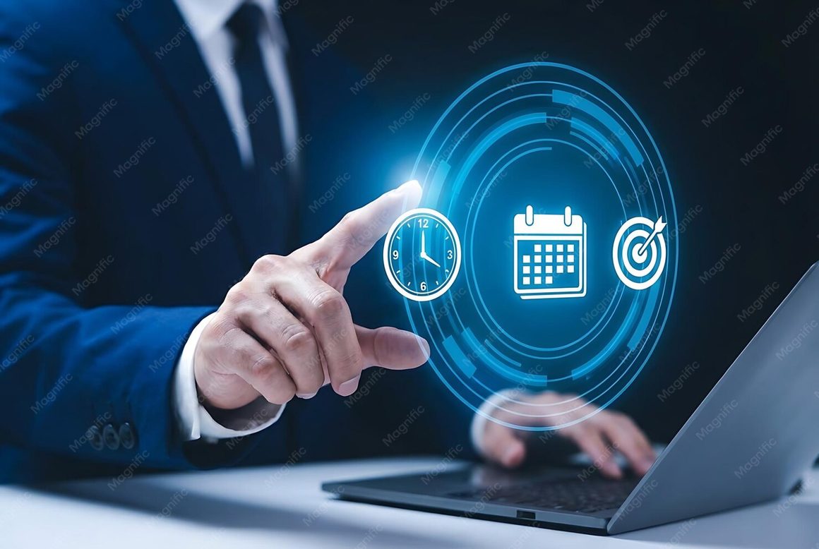 Newslikeyou.com Explores the Connection Between Technology, Work and Lifestyle 4 business professional managing time goals with digital interface 1101054 88181